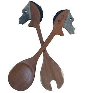 Vintage Cuba Hand Carved Wood Sea Horse Head Salad Servers Set Spoon Fork